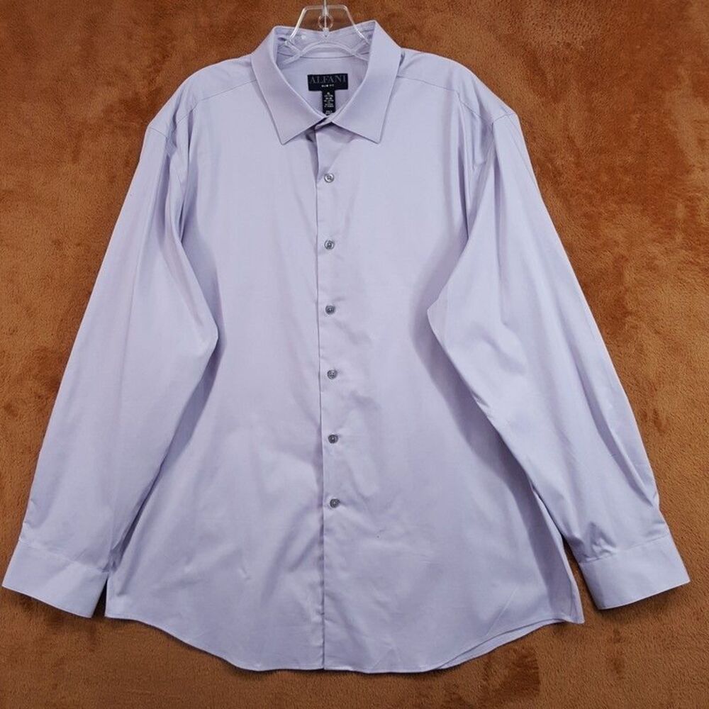 ALFANI Dress Shirt Mens Size 17 17.5 34 35 Solid Light Purple Slim Fit Stretch